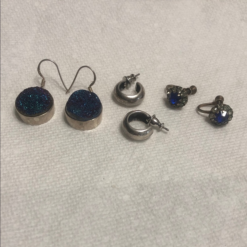 Blue Druzy Drop Earrings with Silver Setting - Women Jewelry